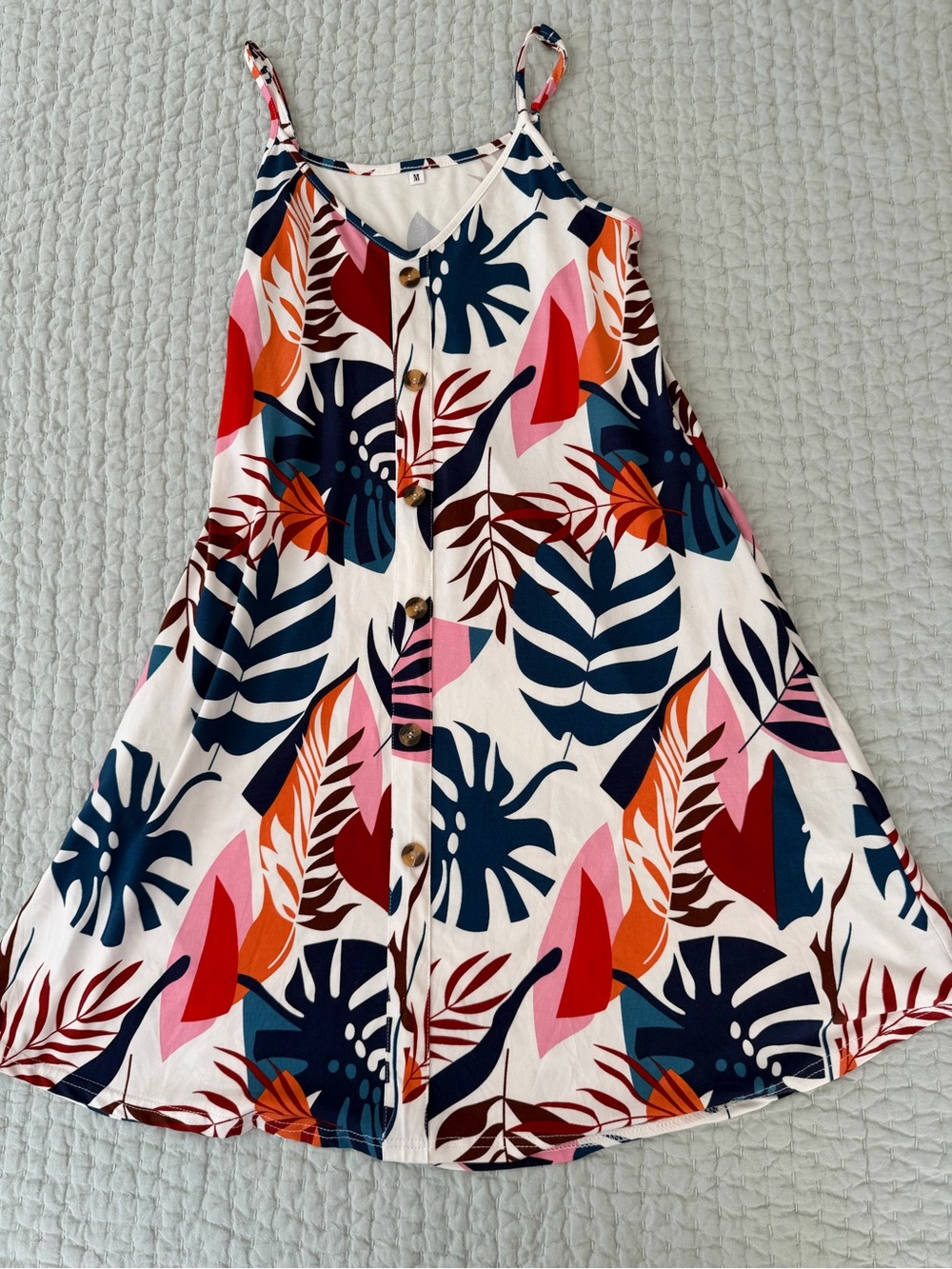 Tropical Botanical Print Button Front Mini Dress Navy Orange Pink Spag. Strap